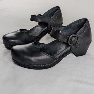 Dansko Black Leather Makenna Block Heel Mary Jane Ankle Strap Clogs Shoes